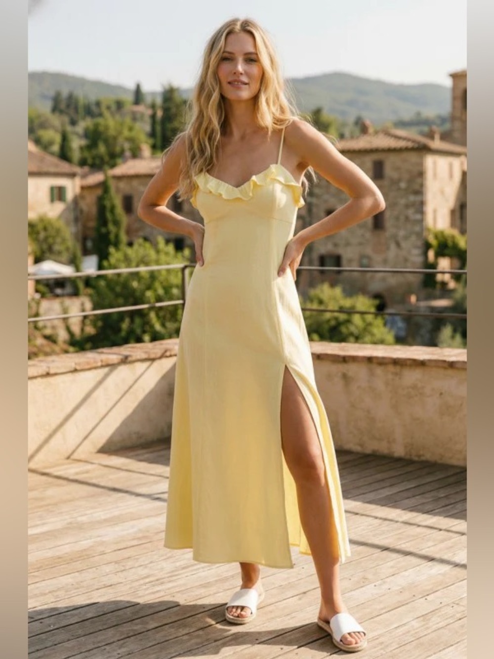 Zara Pale Yellow Linen-Blend Slip Dress with Ruffle Trim
